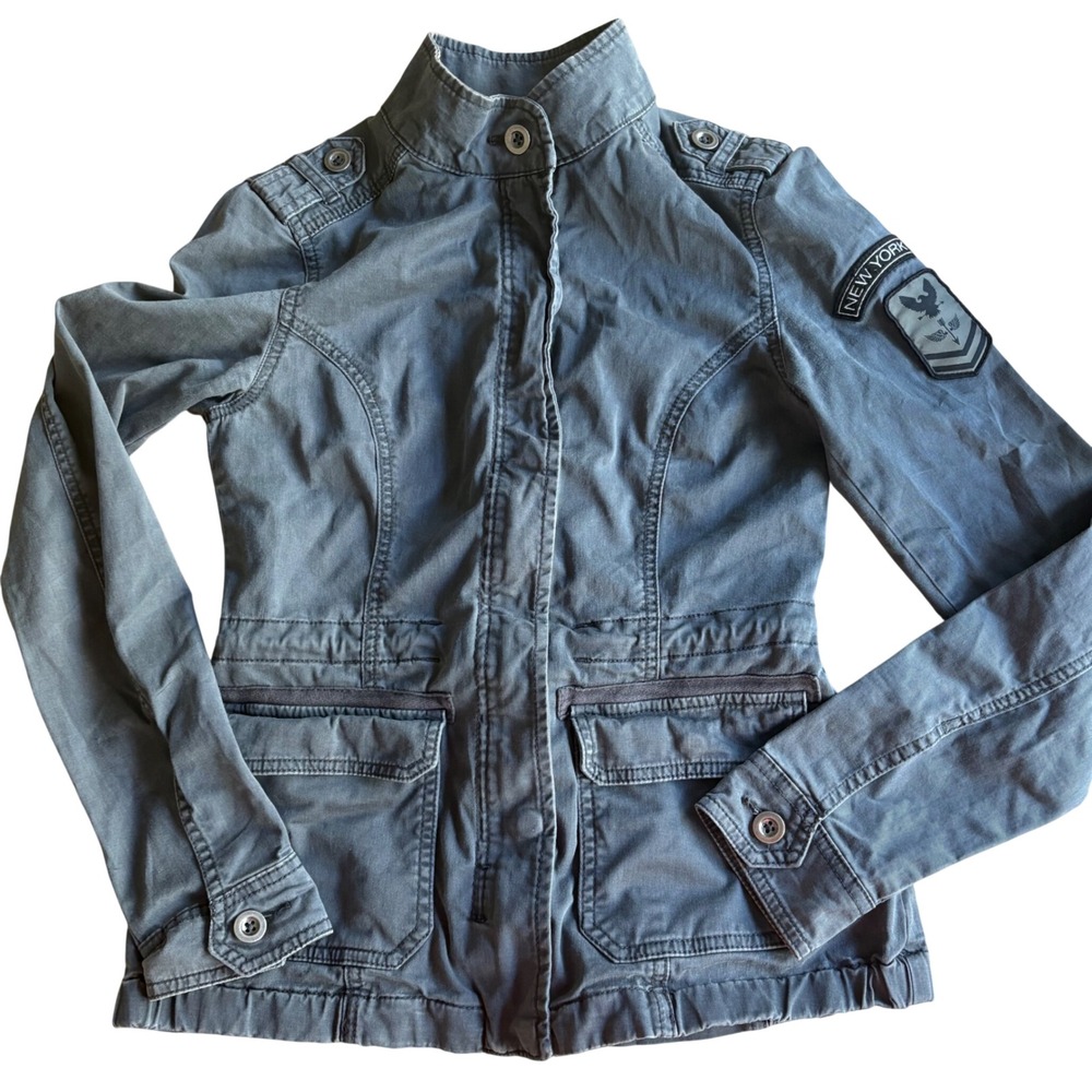 Aeropostale Womens Y2K New York Patch Military Field Jacket‎ Sz XS Charcoal Gray